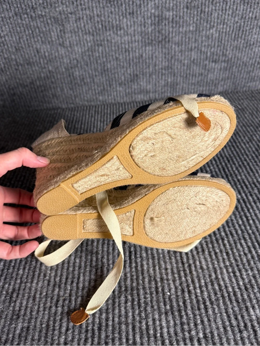 Sonoma Striped Navy and Cream Espadrille Wedge Sandals with Ankle Tie Size 8